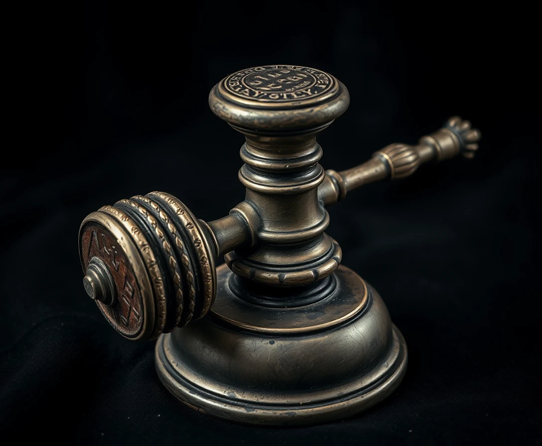 Vintage silver gavel with deep patina on dark fabric
