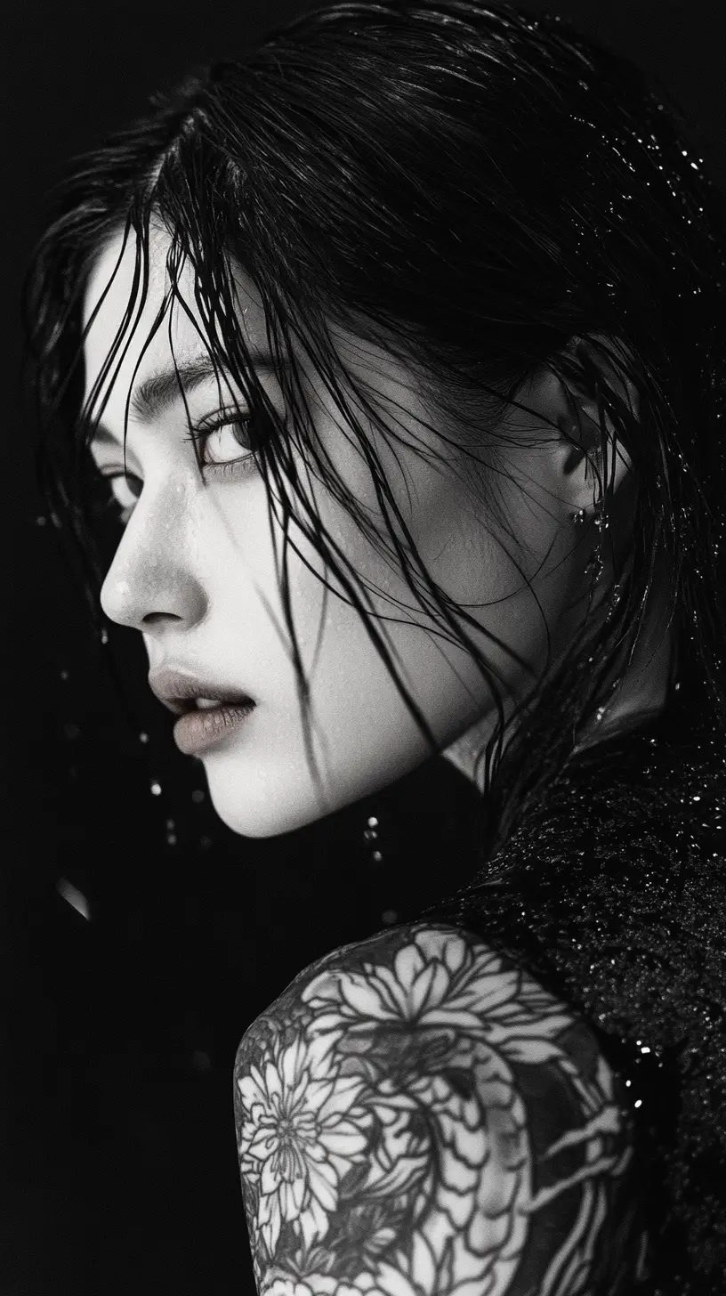 용 문신이 있는 동아시아 여성의 모노크롬 초상