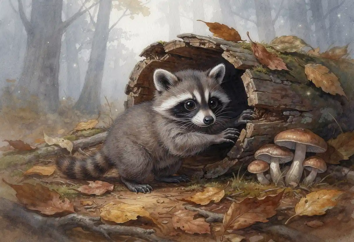 Baby-Waschbär erkundet einen hohlen Baumstamm im nebligen Herbstwald