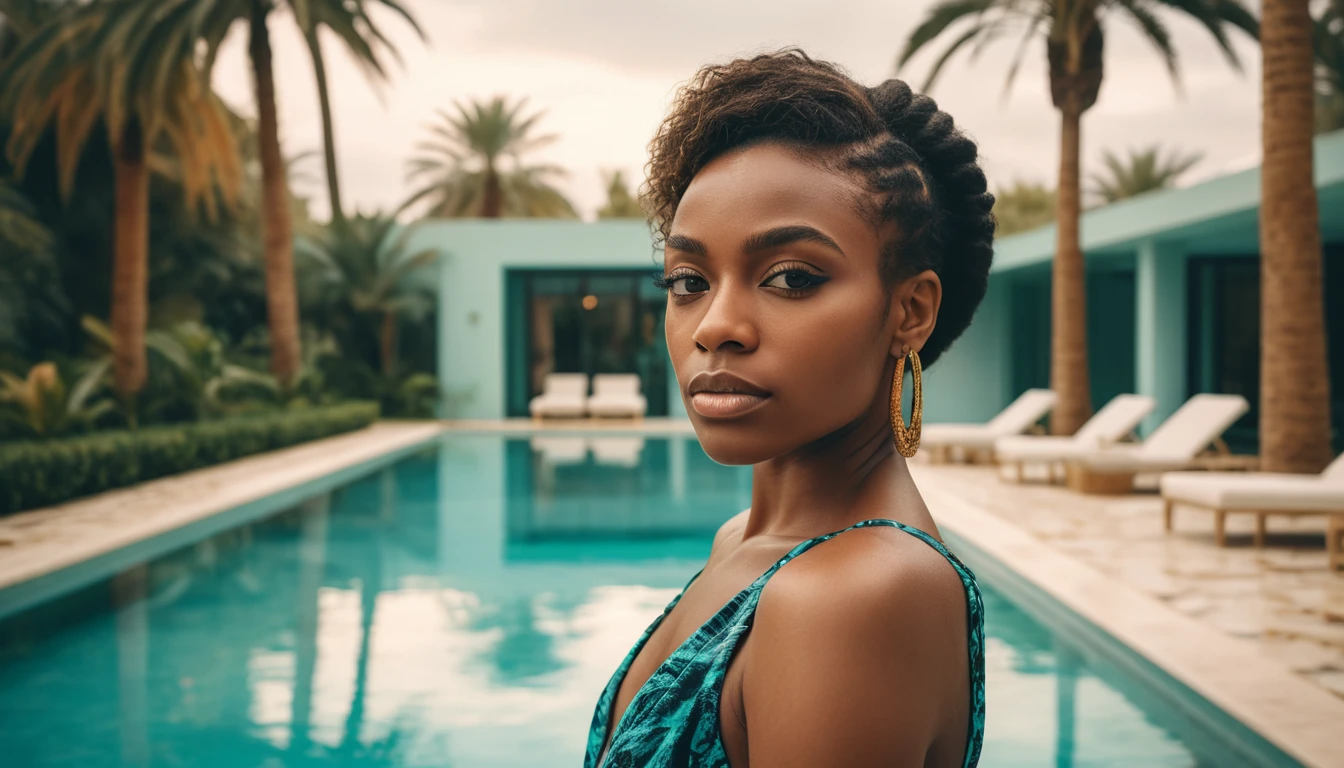 Mulher elegante ao lado de piscina turquesa em terraço moderno