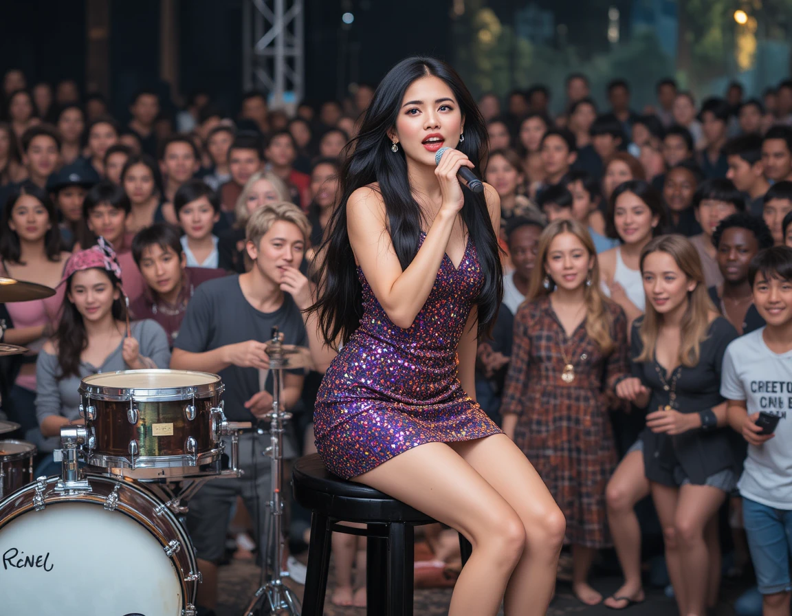 Asian singer in purple mini dress performing on stage