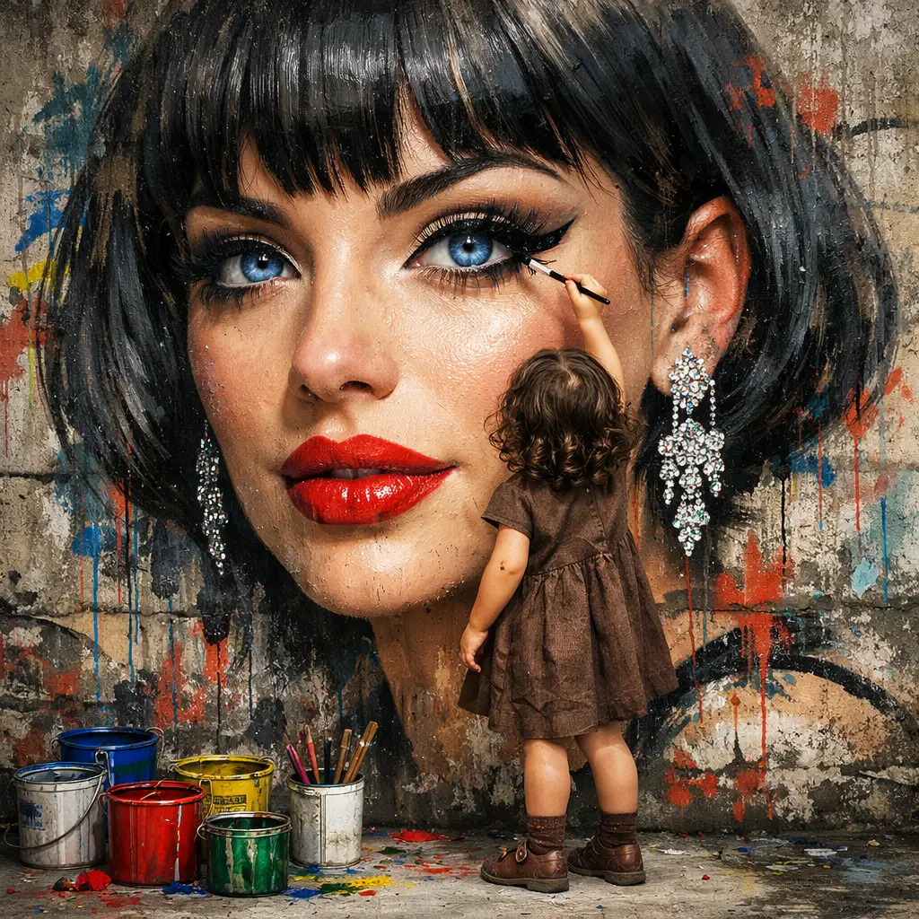 Little girl painting a glamorous street art portrait mural
