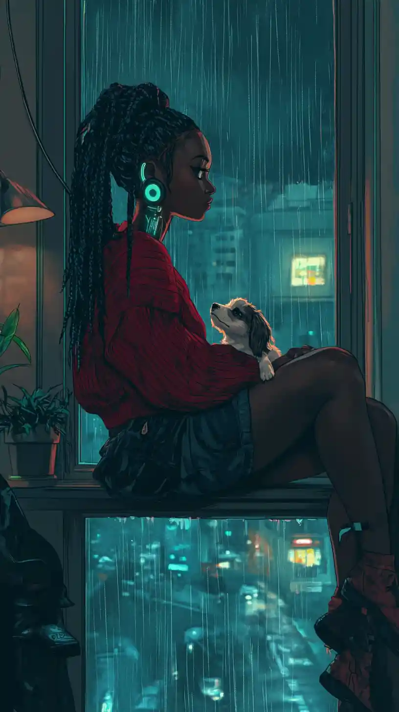 Afrofuturistic anime woman at rainy night window with dog