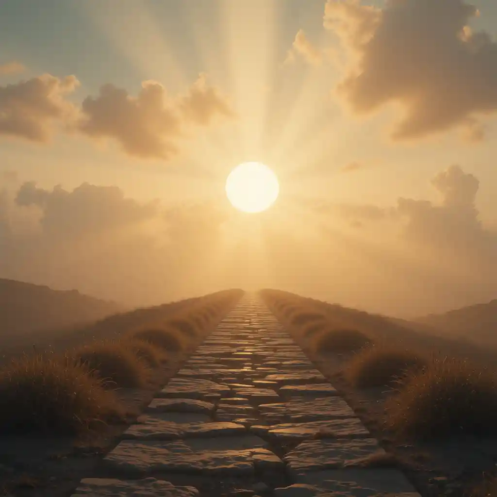 Spiritual light path leading toward a glowing distant horizon