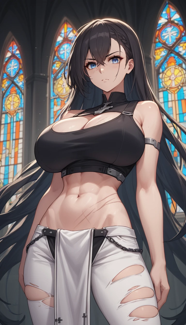 Mujer de anime desafiante de pie en el interior de una iglesia