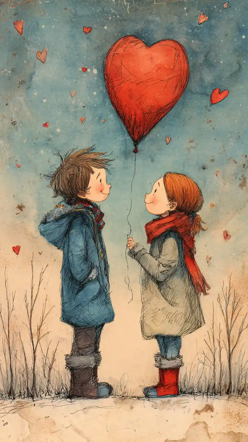 Two children sharing a heart balloon at dusk