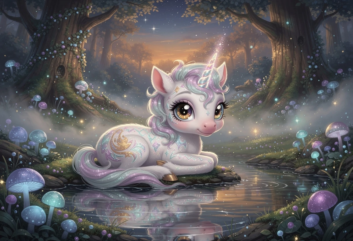 Baby unicorn resting by a glowing forest pool at twilight