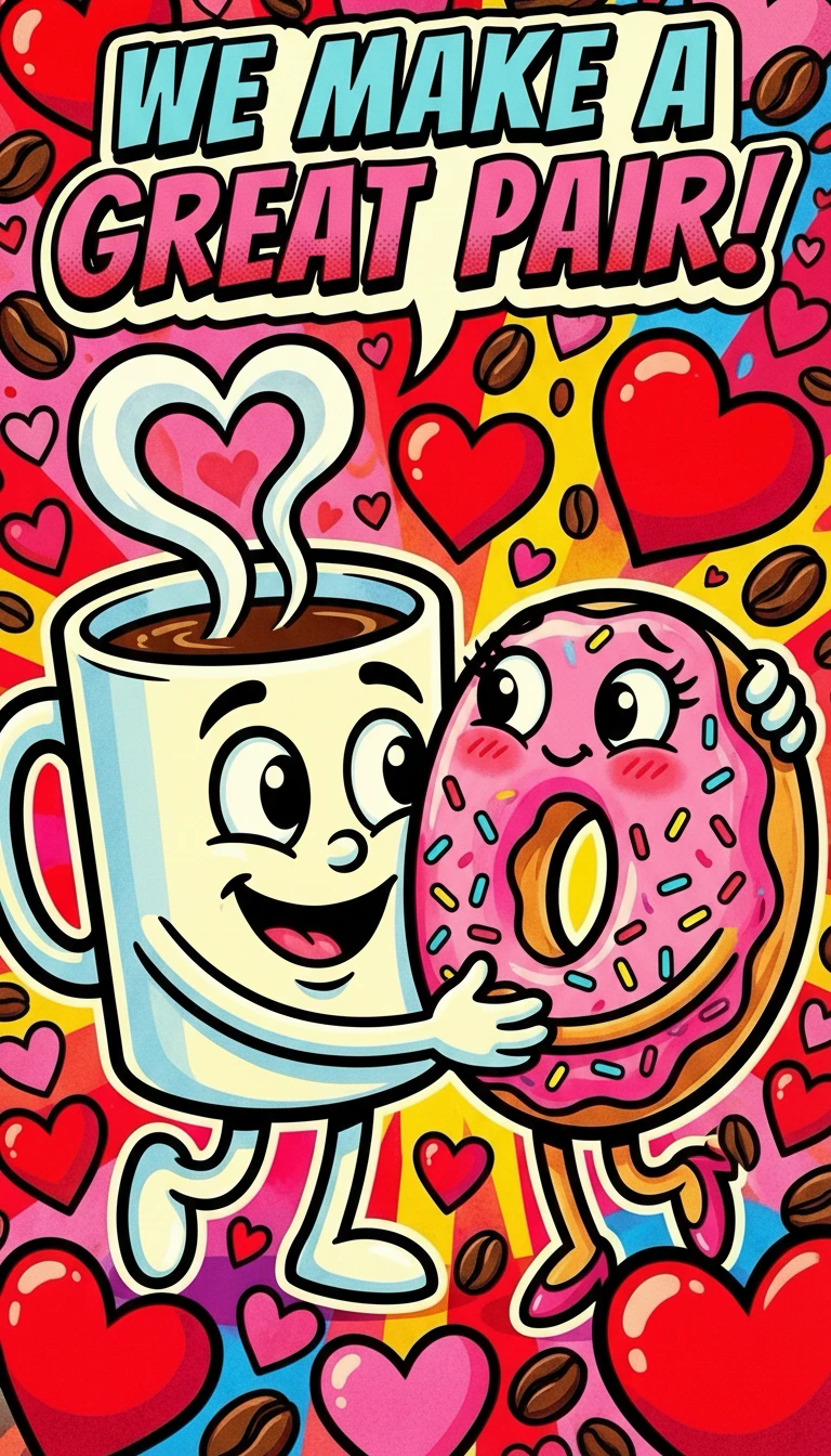 Tierno café con dona de San Valentín en llamativo estilo pop art
