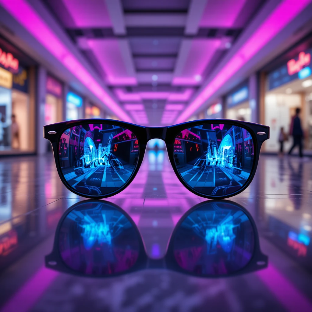 Black sunglasses with digital lenses in a bright mall