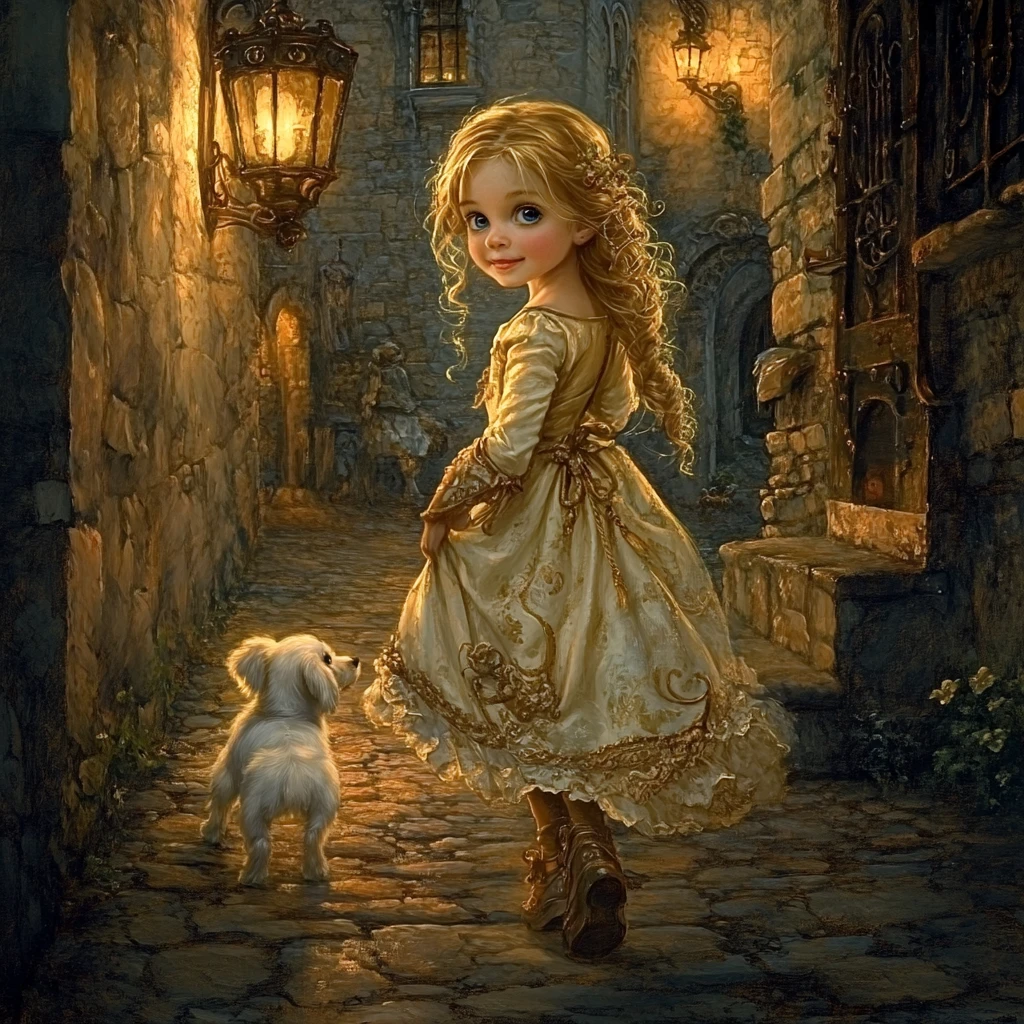 Curious golden haired girl walking through torchlit castle