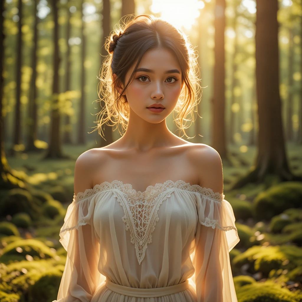 Ritratto di una donna in una foresta illuminata dal sole con blusa color avorio