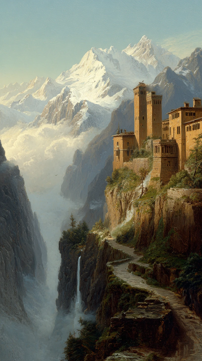 Castillo Sobre Cascada Nublada en Valle de Montaña