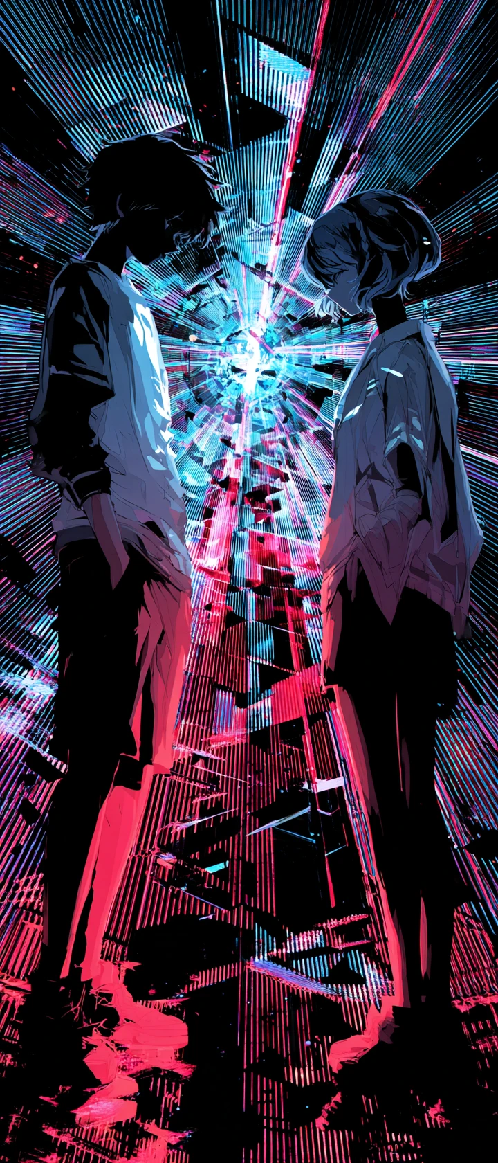 Two lovers divided by a glitching neon barrier