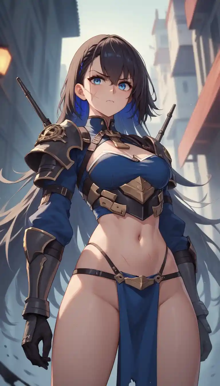 Defiant anime woman in short military outfit in public