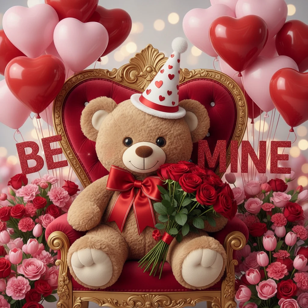 Osito tierno en un trono de corazón con globos y rosas