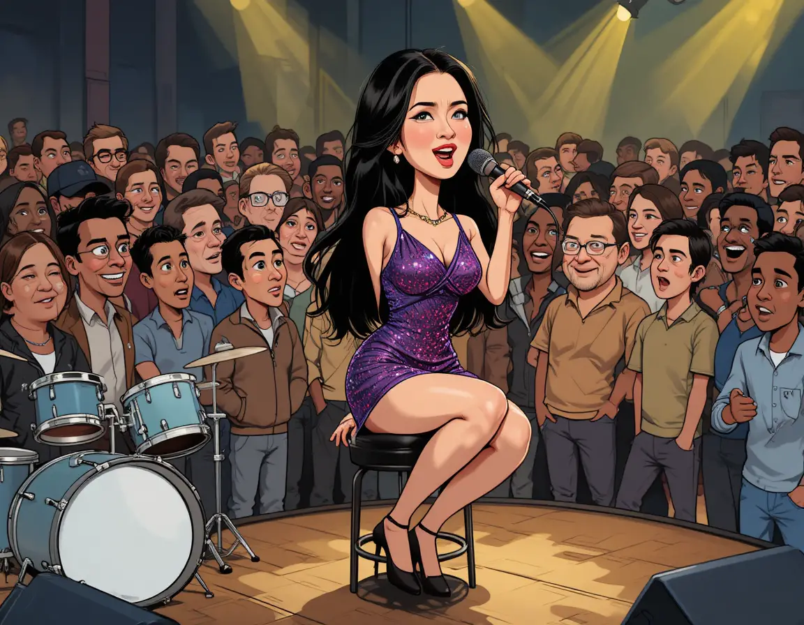 Asian singer in purple mini dress performing on stage