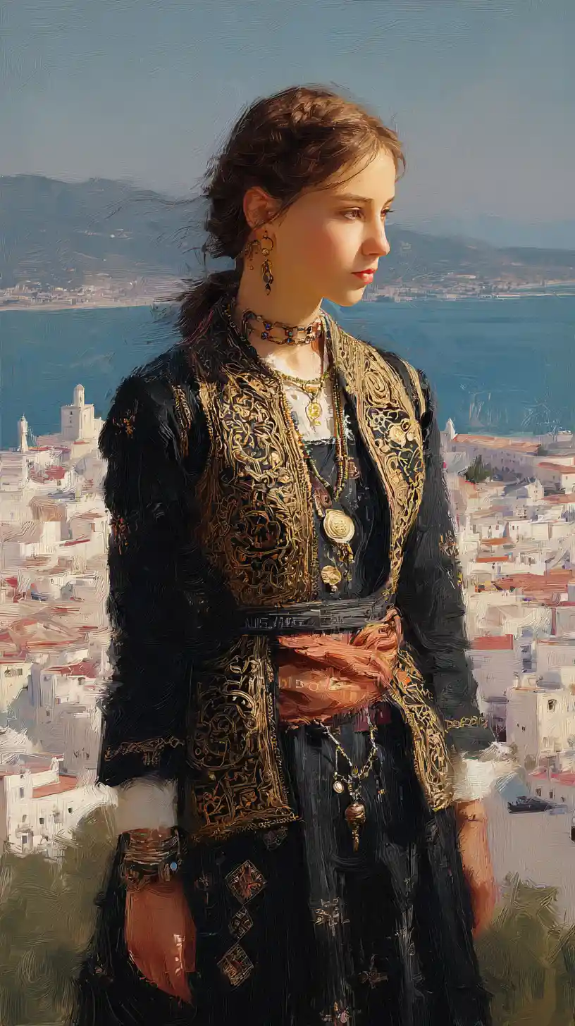 Mujer argelina con karakou negro al atardecer sobre Argel