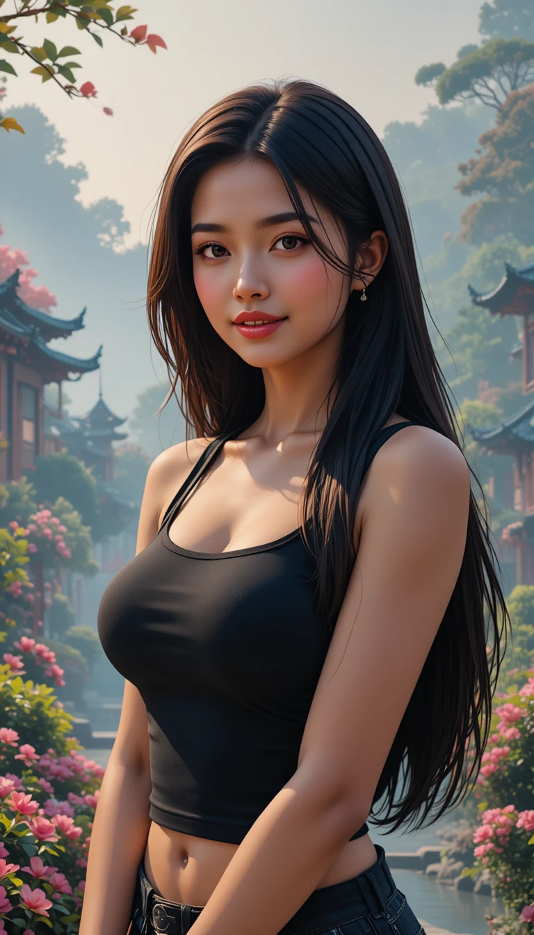 Asian woman smiling softly in a misty Japanese garden
