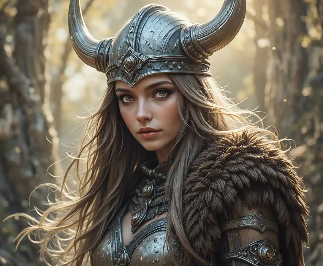 Belle paladine en armure viking en vue corps entier