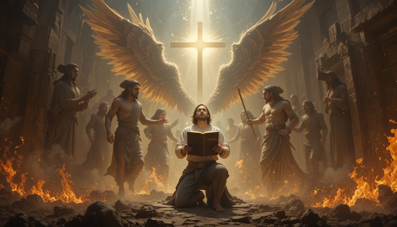 Man Kneeling In Prayer Surrounded By Angels And Divine Light