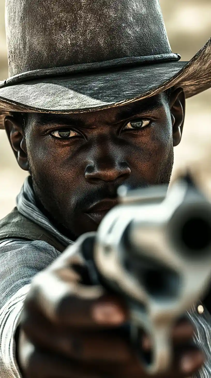 Vaquero afrofuturista apuntando un revólver a la cámara en el desierto