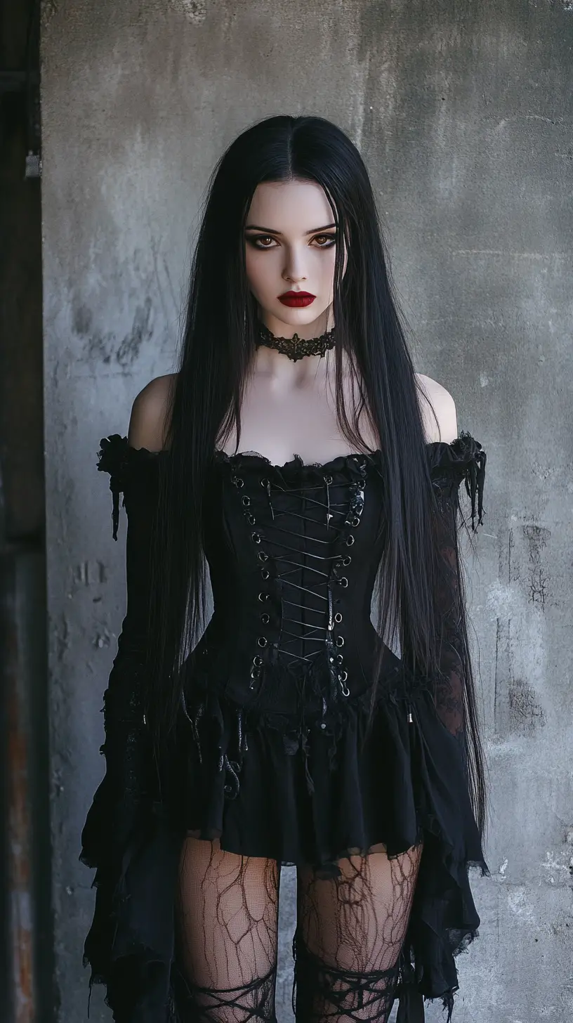 Gothic fashion woman in black dress in urban alley