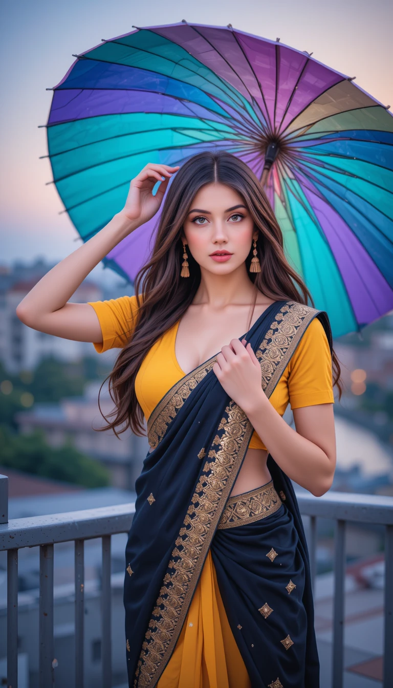 Young woman in saree on a city rooftop at twilight