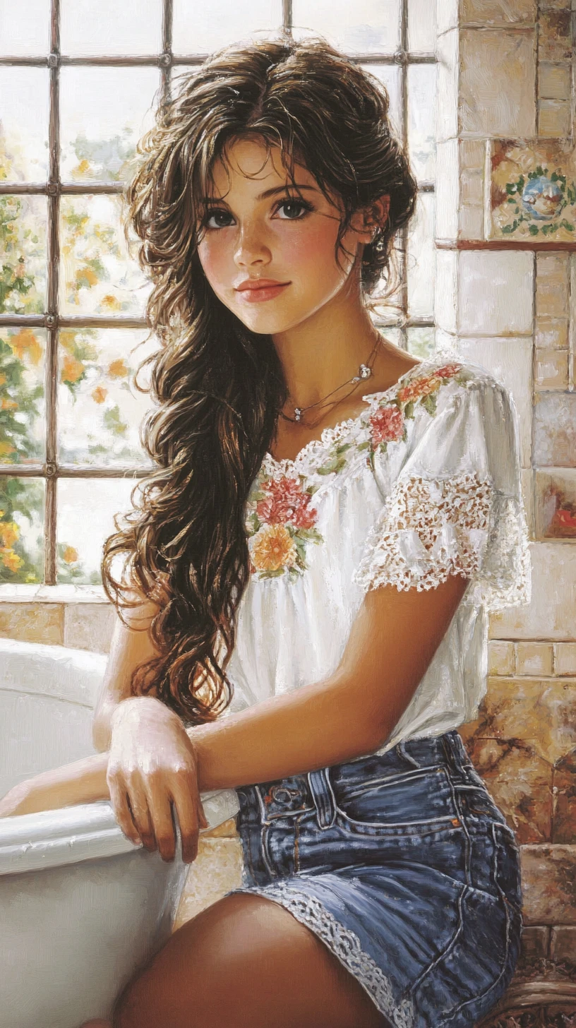 Smiling young woman sitting on a bathtub edge