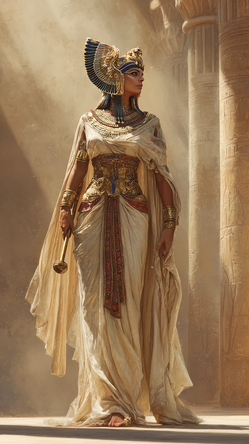 Egyptian queen in ceremonial pose within sunlit temple