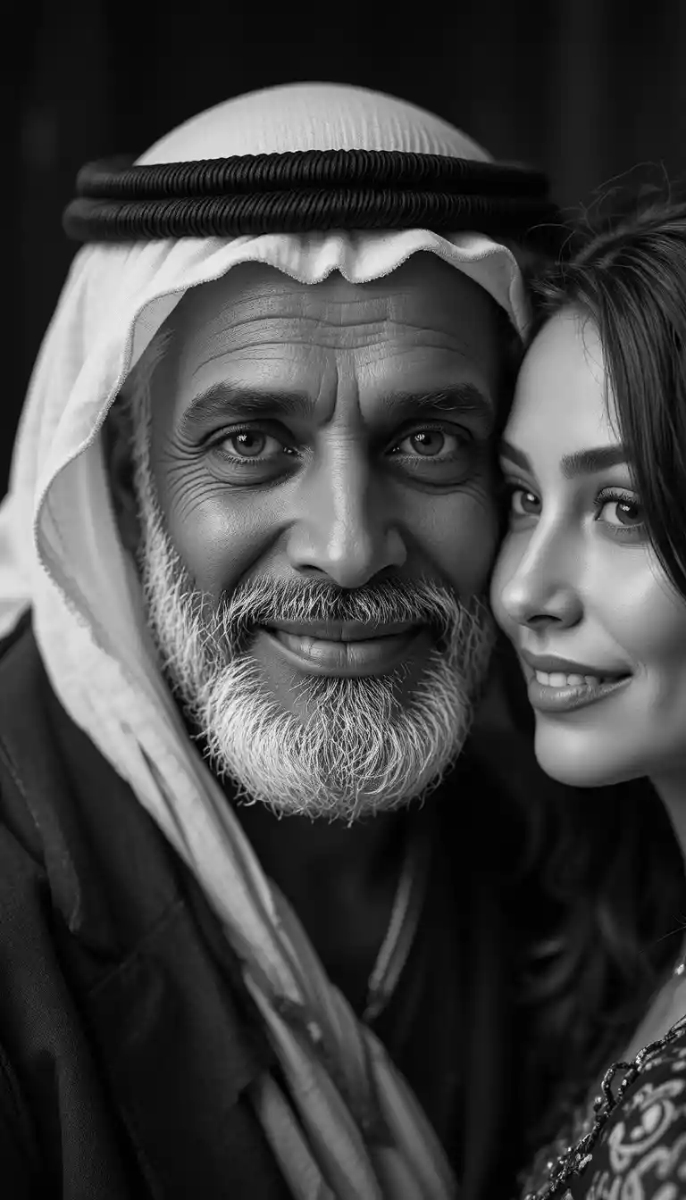 Elderly Arab man smiling as a woman embraces him
