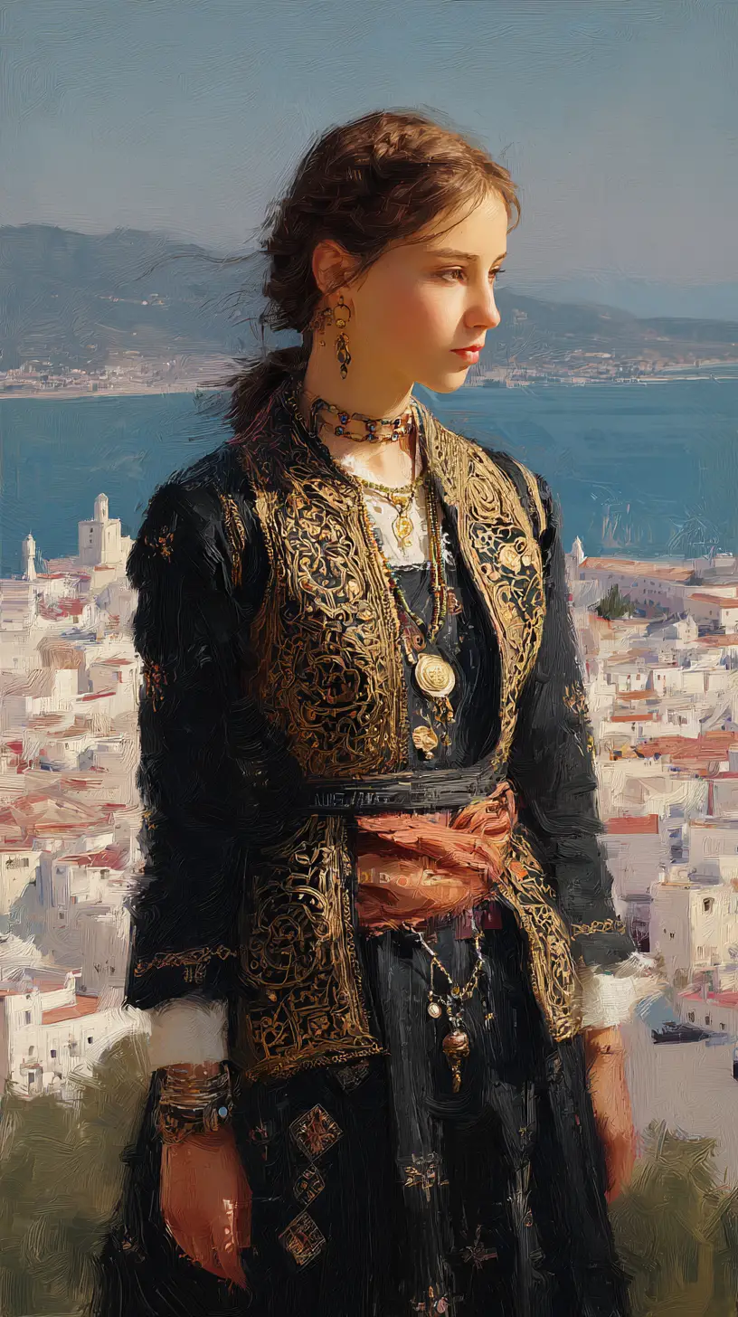 Mujer argelina con karakou negro al atardecer sobre Argel