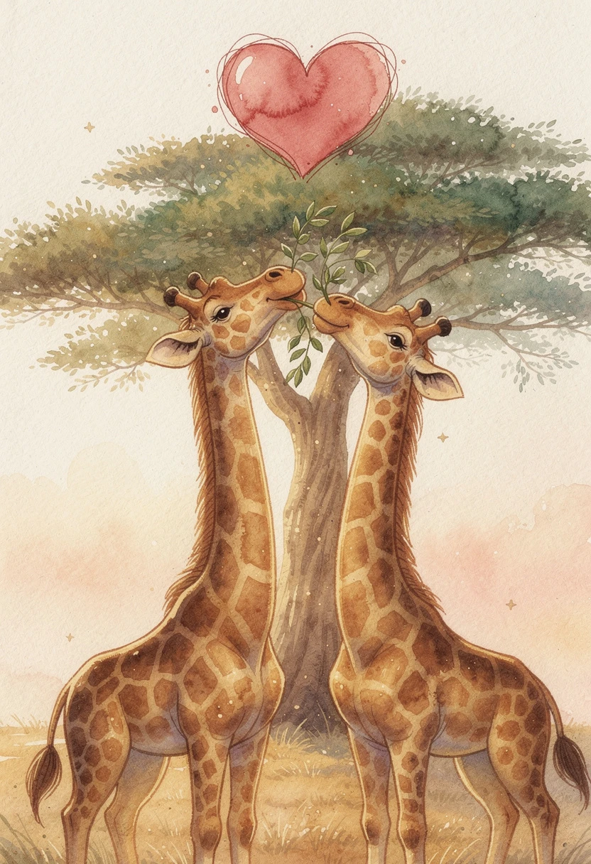 Two Loving Giraffes Under An Acacia Tree With Pink Heart