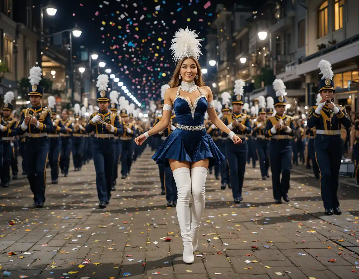 Woman leading a lively night parade in city street