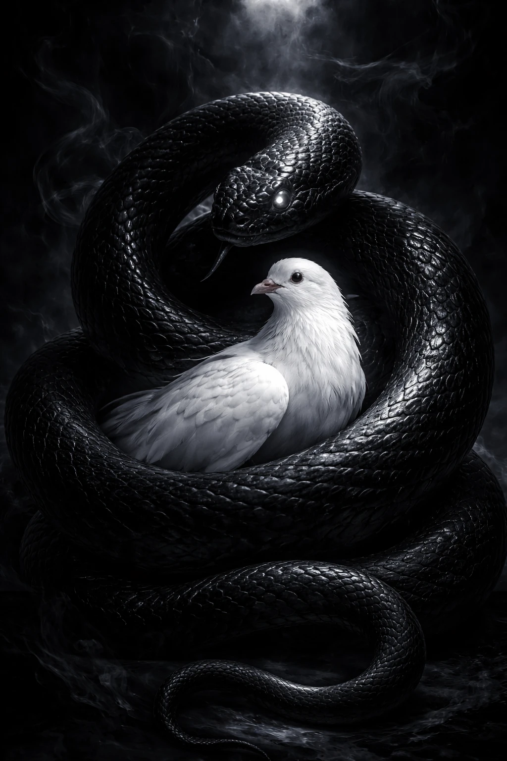 Black Serpent Protecting White Dove In Dark Smoke