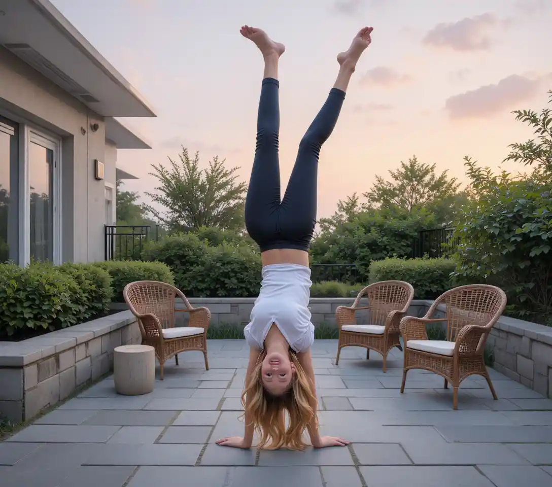 Young woman doing a handstand on a modern stone patio