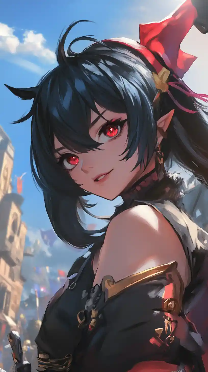 Close up anime heroine on a busy city street