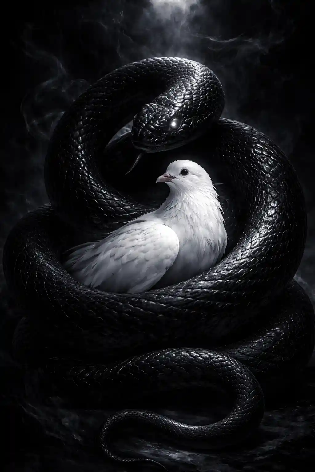 Black Serpent Protecting White Dove In Dark Smoke