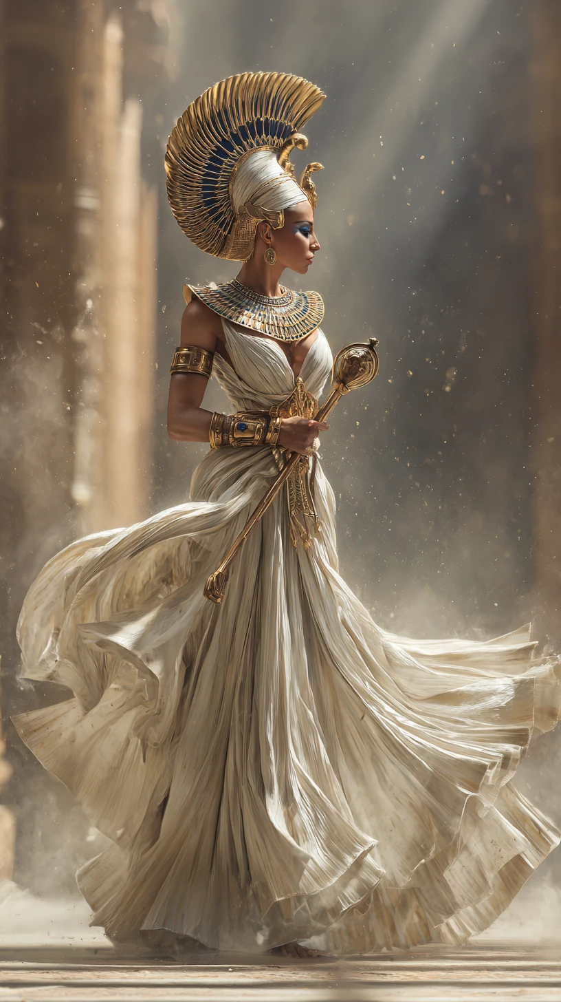 Egyptian queen in ceremonial pose within sunlit temple hall