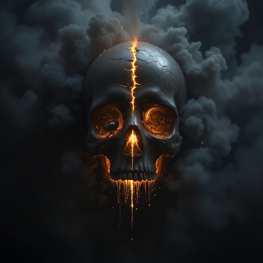 Cracked human skull glowing with molten gold in smoke