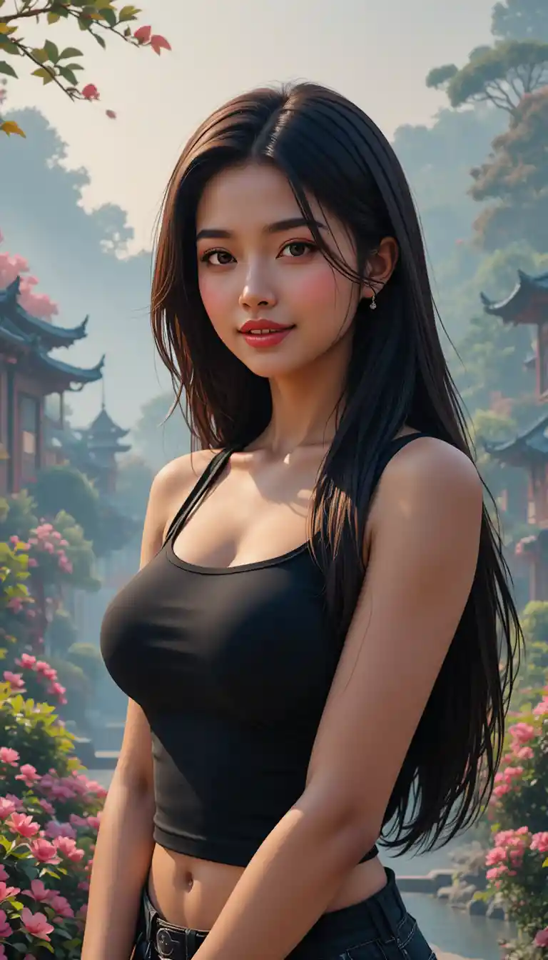 Asian woman smiling softly in a misty Japanese garden