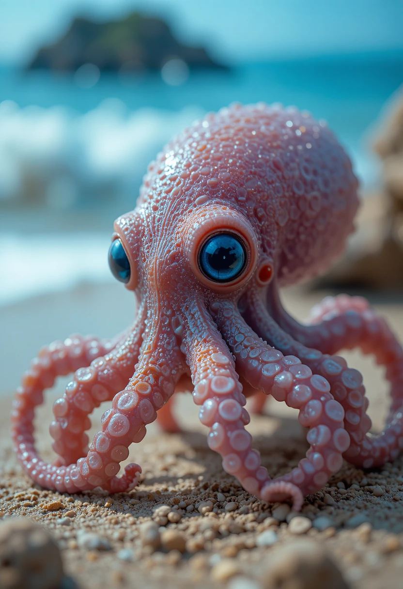 Niedriges Baby-Oktopus mit leuchtenden Augen am Strand