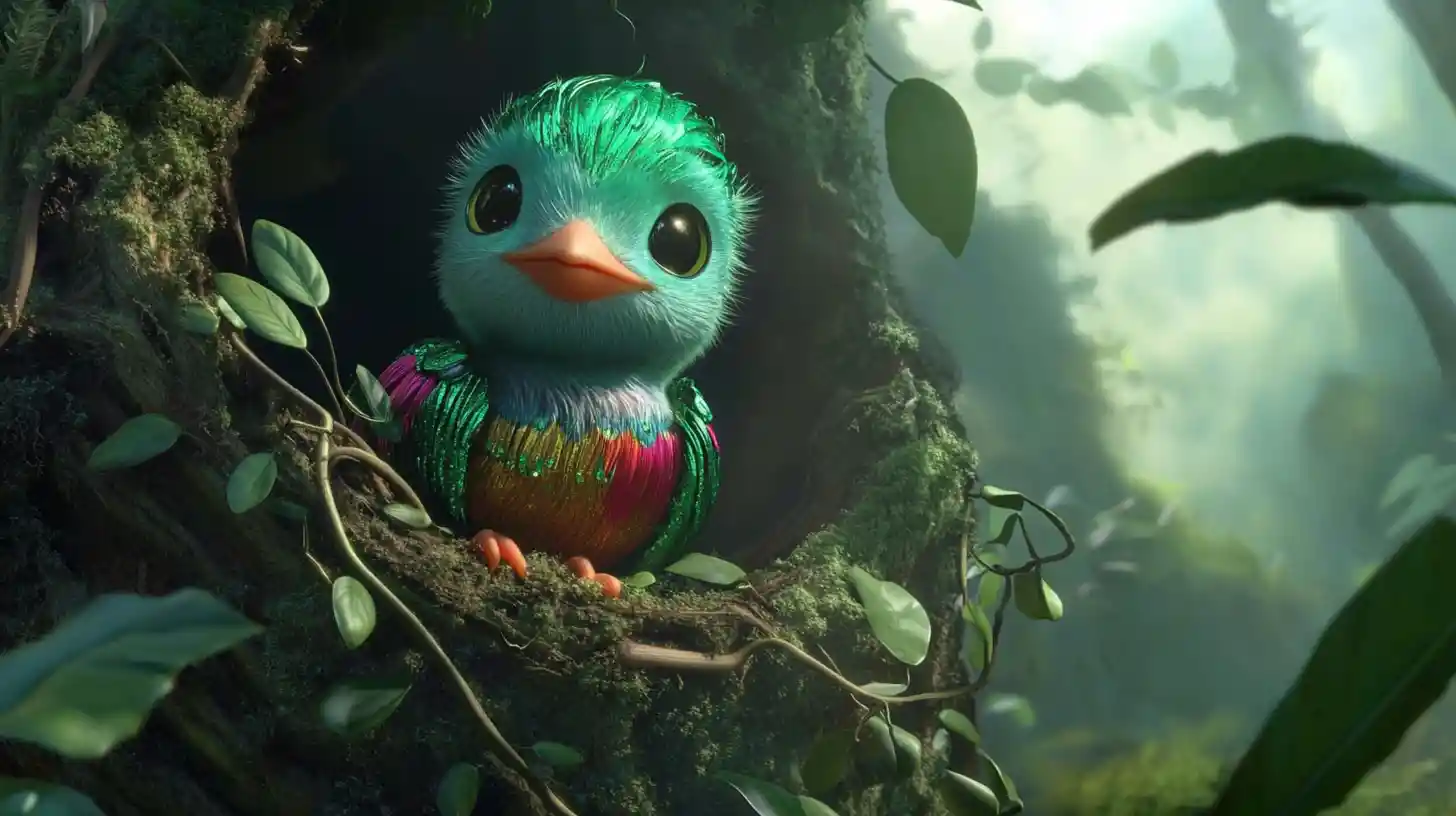 Baby quetzal chick in a misty cloud forest hollow