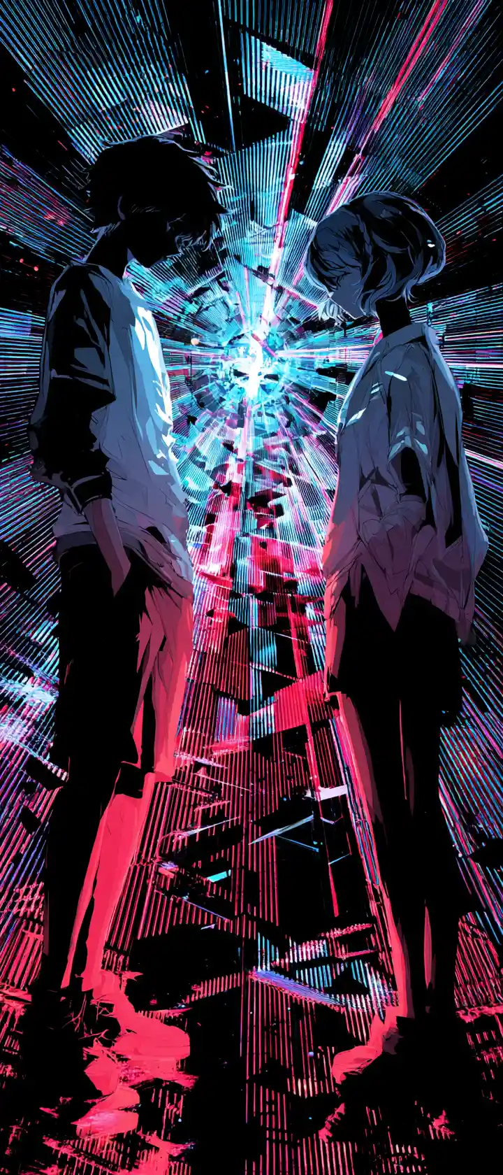Dos amantes separados por una barrera de neón con glitches