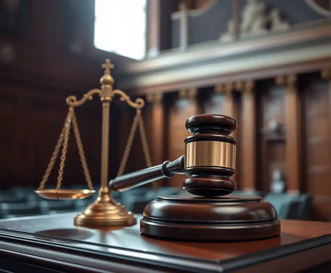 Gavel And Scales On Podium Under Dramatic Spotlight