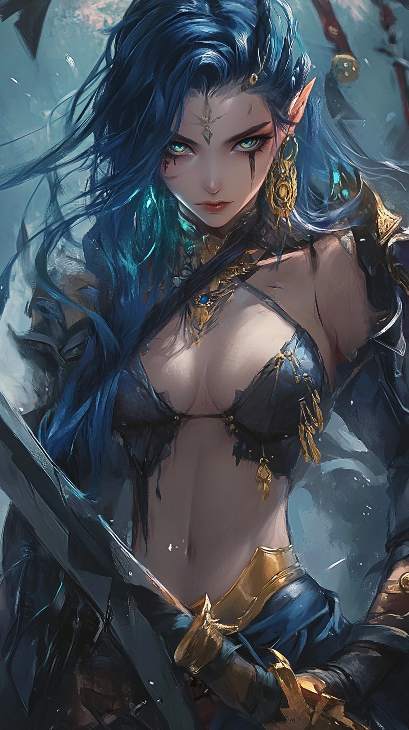 Primer plano de guerrera de anime tatuada con cicatrices