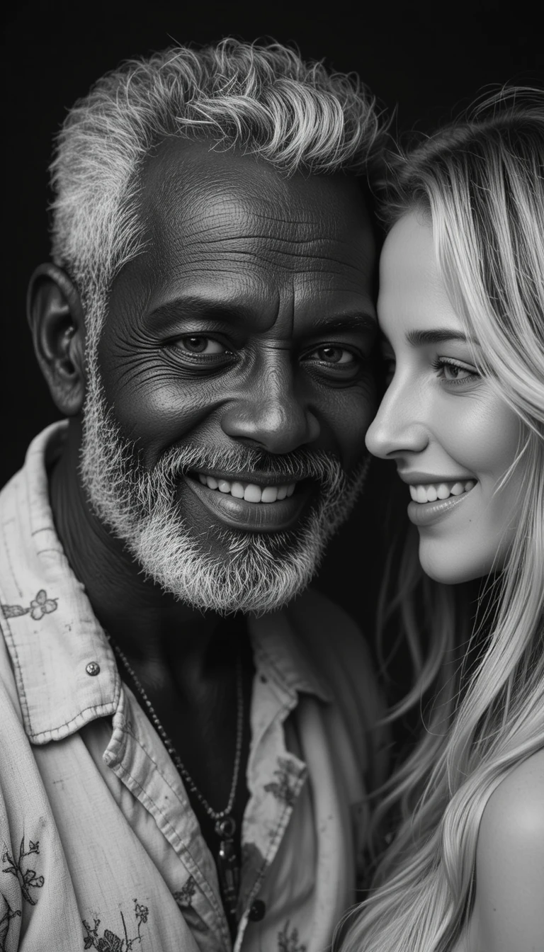 Joyful elderly African man embraced by a blonde woman