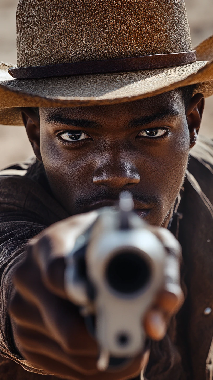Vaquero afrofuturista apuntando con un revólver a la cámara en el desierto