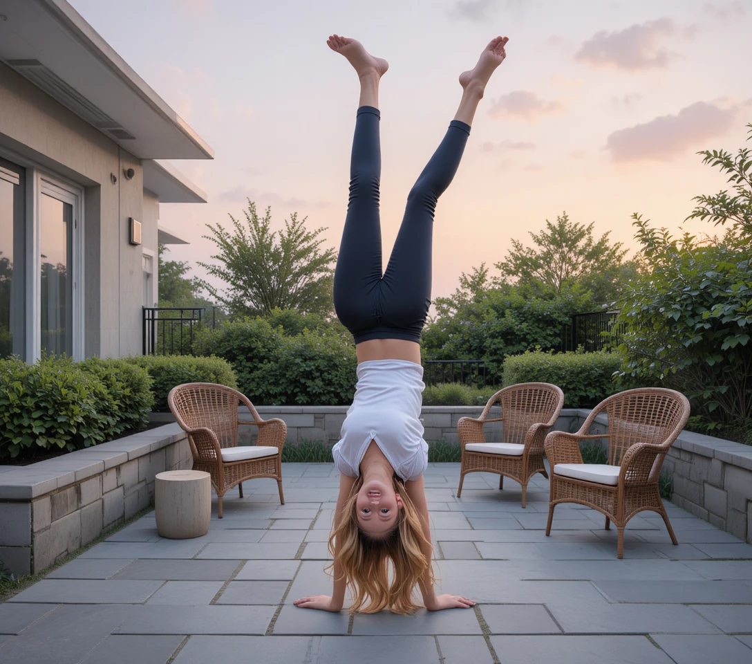 Young woman doing a handstand on a modern stone patio