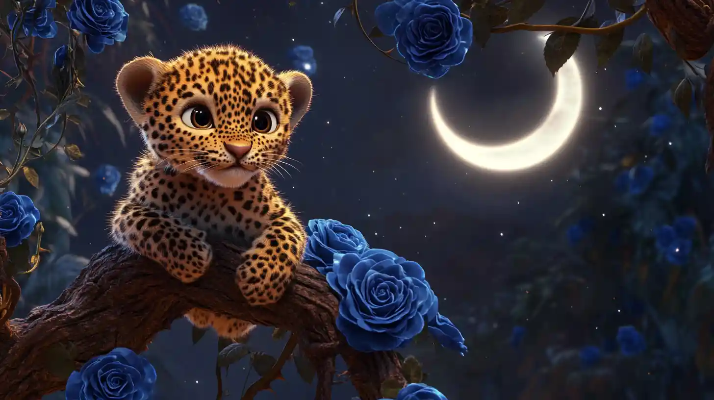 Newborn leopard cub on a moonlit rose covered branch