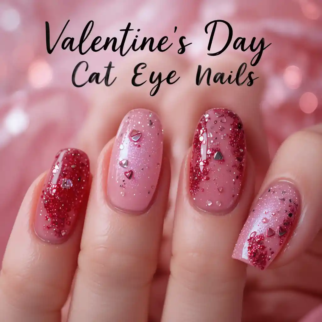 Unghie cat eye romantiche rosa e rosse per San Valentino
